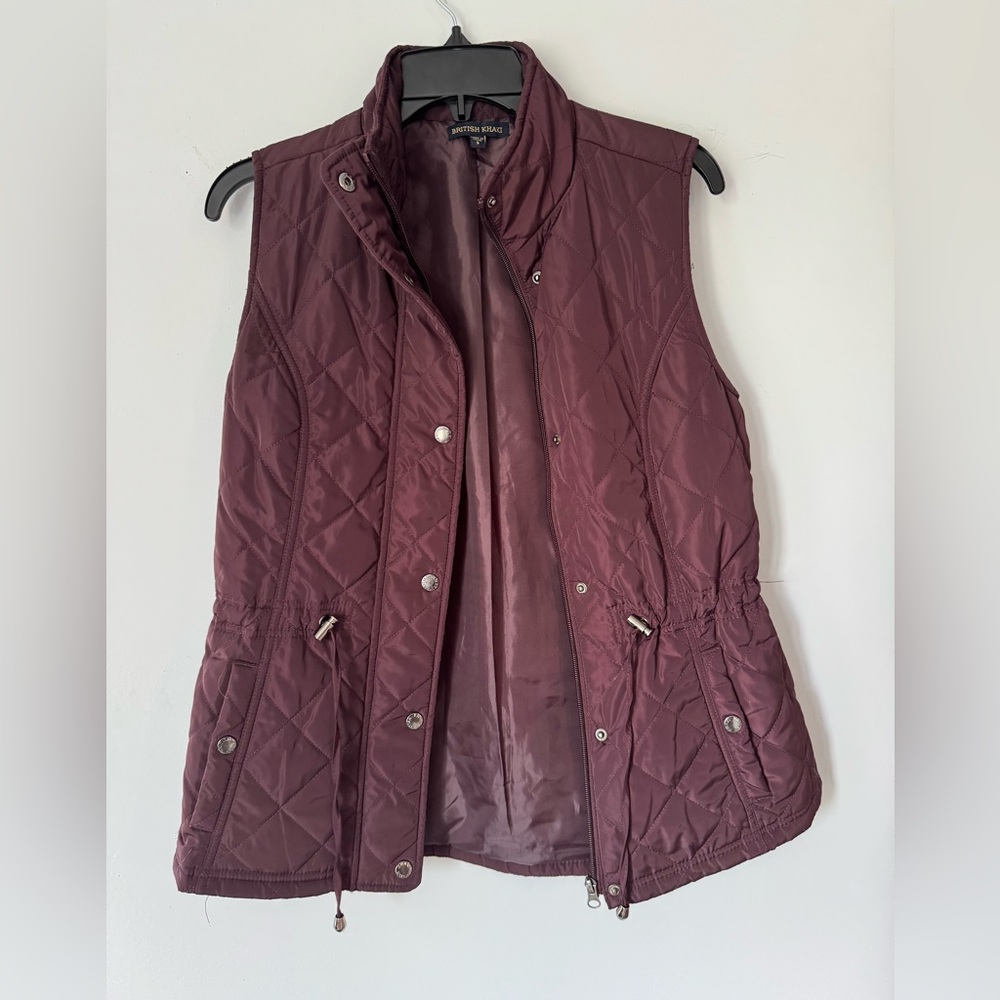 British Khaki Burgundy Red Puffer Quilted Vest Size Small